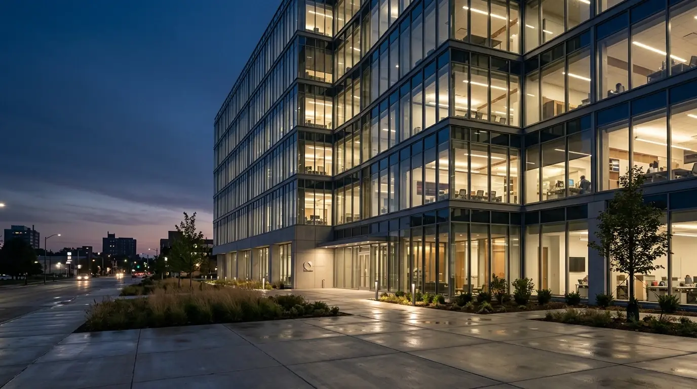 Modern office building at dusk with its interior lit