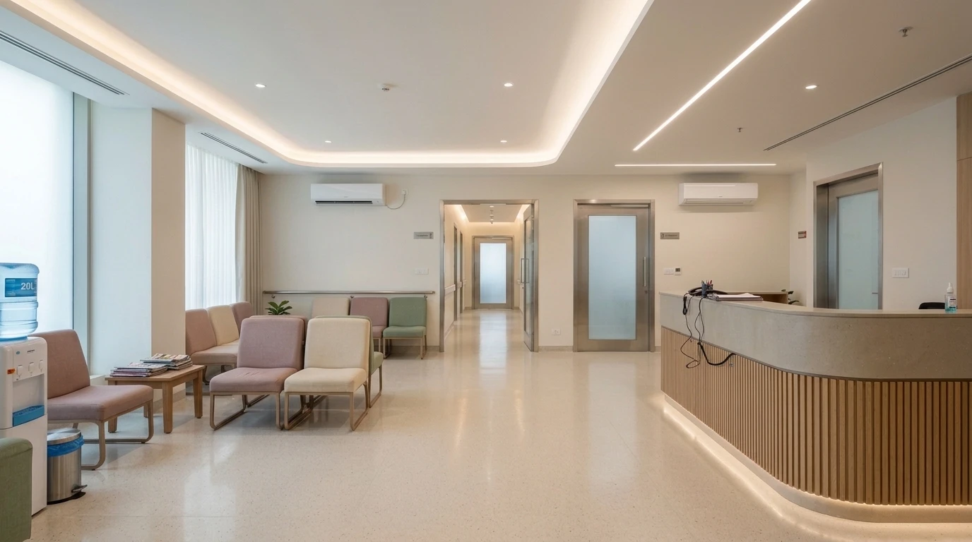 Illustrative interior of a hospital reception and waiting area with pastel chairs, a curved reception desk, wall-mounted air conditioners, linear and recessed ceiling lights and a corridor to the clinical rooms