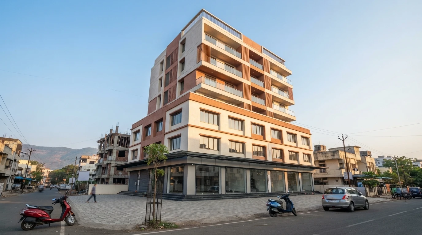 Illustrative image of a new residential building with shops at street level and balconied apartments above, on a street corner in Satara with hills behind