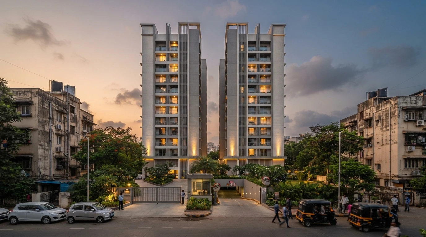 Illustrative render of two slim residential towers at dusk on an Andheri street, with a gated entrance and security cabin, a ramp down to basement parking, autorickshaws on the road and older buildings on either side