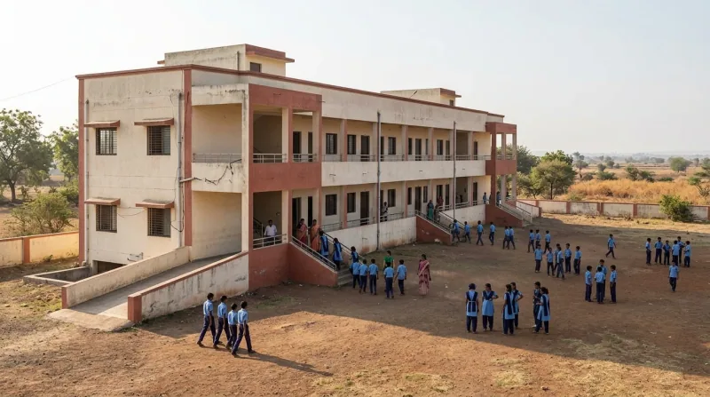 Illustrative image of a three-storey school building in a rural setting with open corridors, a ramp down to the basement, and children in school uniform in the open ground in front