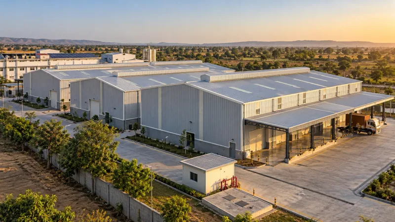 Illustrative render of new light-grey metal-clad industrial sheds with roof ventilators at sunset, a covered loading dock with a truck, a pump room beside an underground tank, and older factory buildings with rooftop solar and flat farmland behind