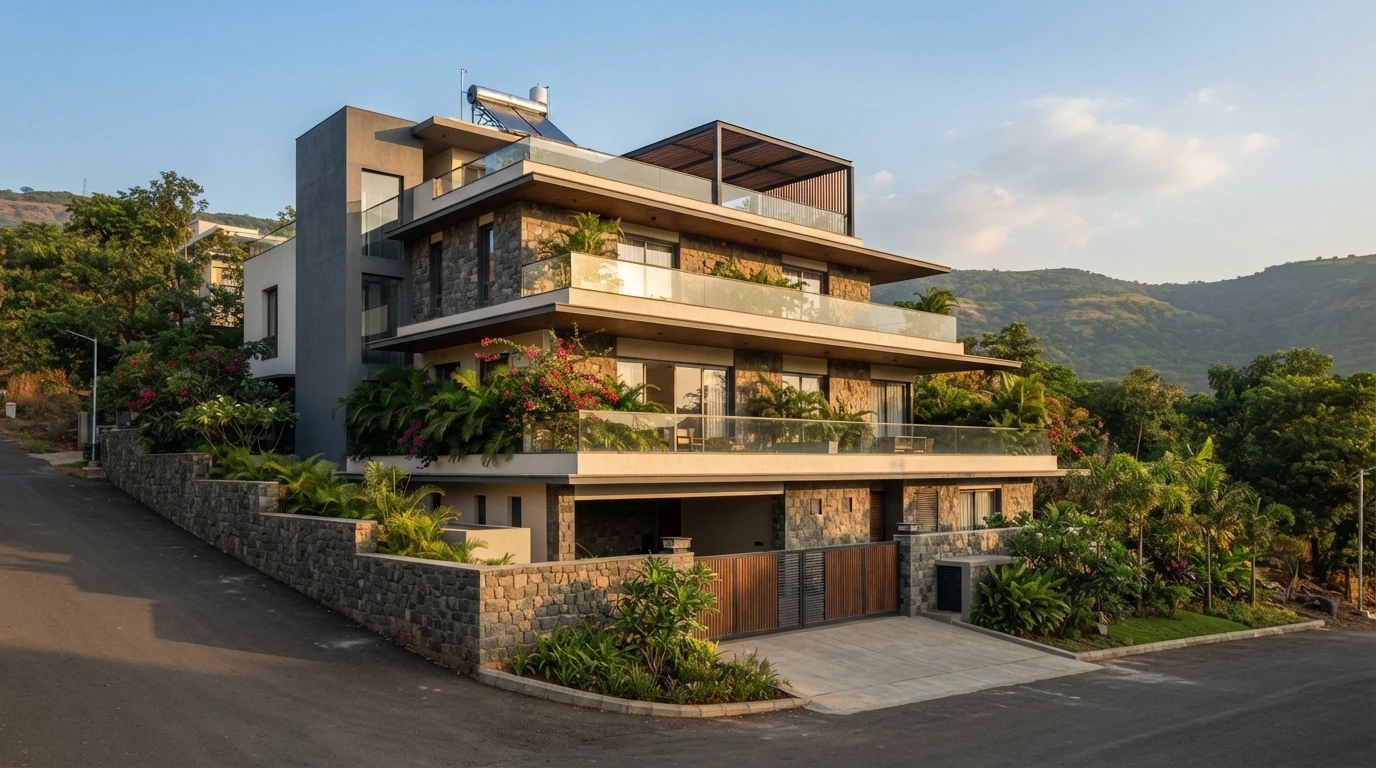 Illustrative image of a four-level bungalow on a sloping plot in Bavdhan with stone walls, glass balconies, a rooftop solar water heater and hills behind