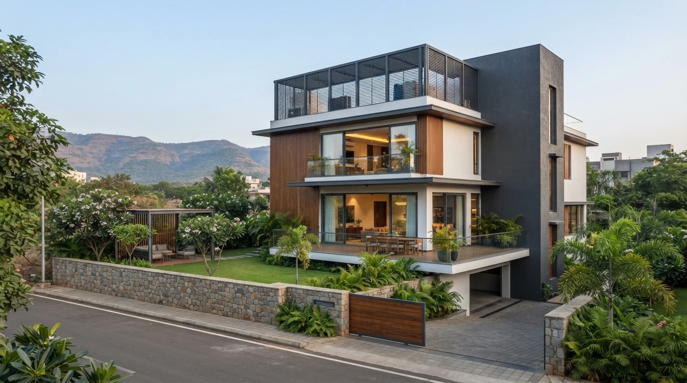 Illustrative image of a modern three-storey bungalow in Bavdhan with timber and white facades, an outdoor dining terrace, a garden pergola and hills behind