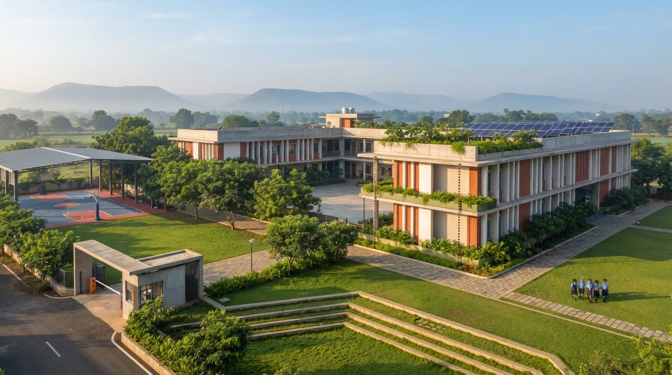 Illustrative image of a two-storey school campus with a green roof, rooftop solar panels, a courtyard, a covered play court and an amphitheatre lawn near Baramati