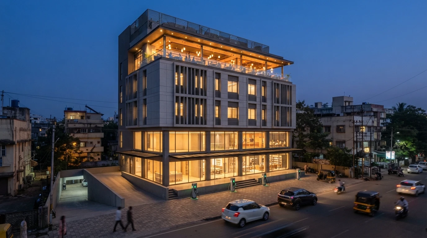 Illustrative image of a commercial building at dusk with glazed showrooms, offices above, a lit restaurant on the top floor, a basement ramp and EV chargers in Vadgaon