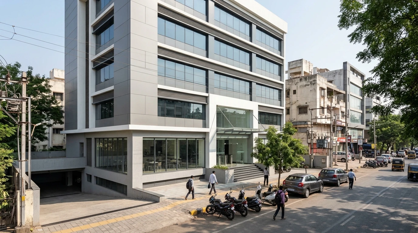 Illustrative street view of a grey and white glazed commercial building with a ramp down to basement parking, a glass-fronted dining area at the lower level and steps up to a glazed entrance, with two-wheelers parked along a busy road