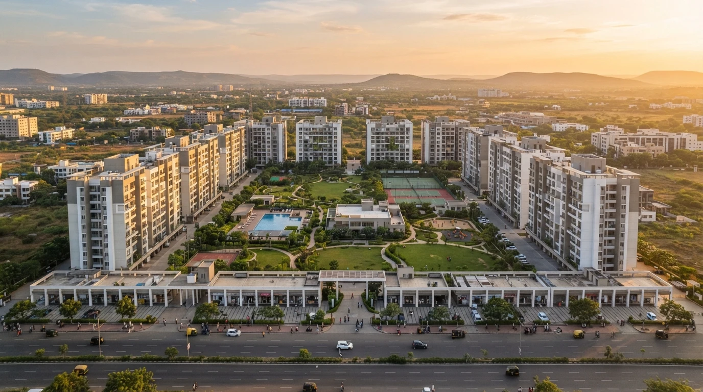Illustrative aerial render of a residential layout of many wings around gardens and amenity spaces, with a row of ground-floor shops facing a wide main road