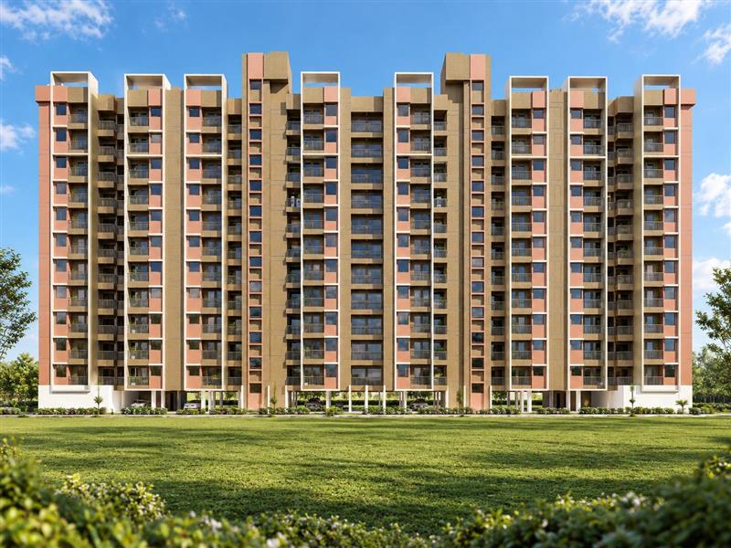 Illustrative daytime render of the residential building's full frontage in terracotta and beige, with stilt parking on the ground floor and a wide lawn in front