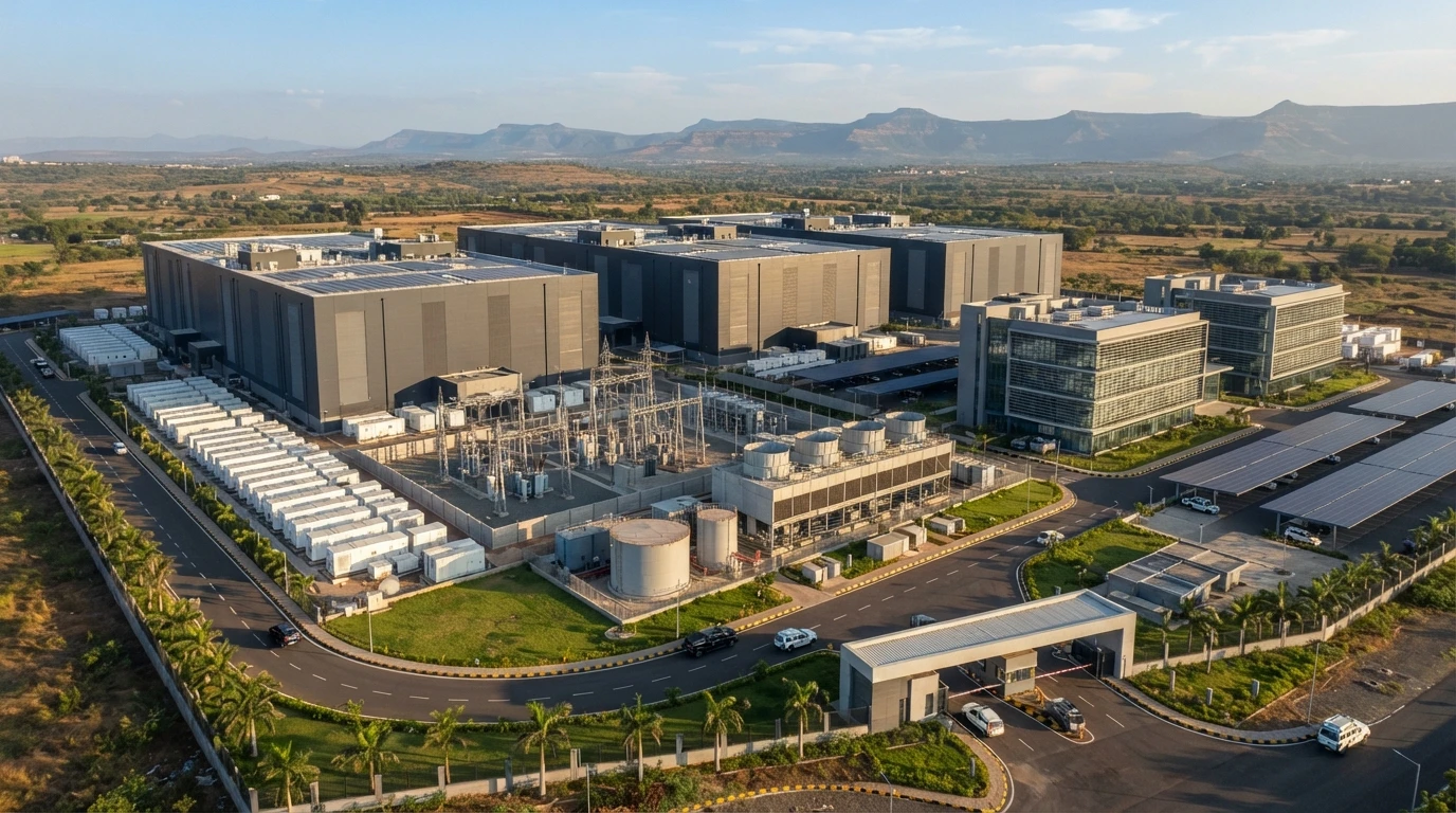 Illustrative aerial image of a data centre campus with large windowless data halls with rooftop solar, a switchyard, cooling towers, diesel generator enclosures, offices and a gatehouse near Pune