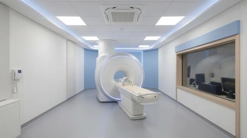 Illustrative render of an MRI scanning room with a white scanner and patient table, a ceiling cassette air conditioner, flush ceiling lights, pale blue wall panels and a control-room window