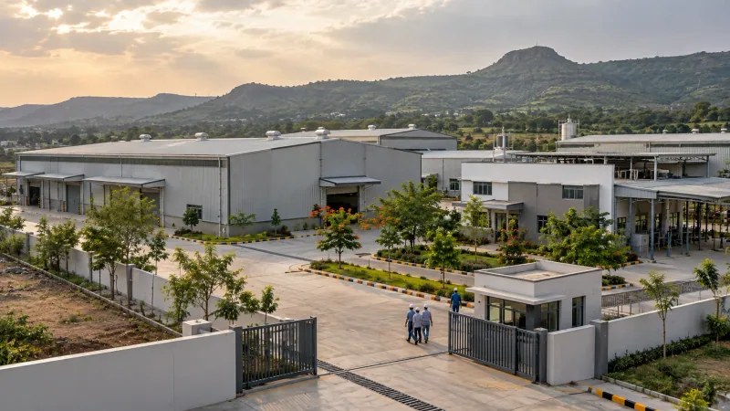Illustrative render of an industrial plant near Pune in soft evening light, with steel sheds, a small office block, a gated entrance with a security cabin and green Deccan hills behind