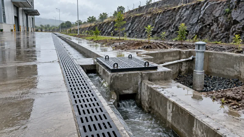 Illustrative render of a monsoon storm-water trench with a perforated grating, a silt chamber with a heavy-duty cover and a recharge pit with a bore pipe and filter, beside dark basalt rock