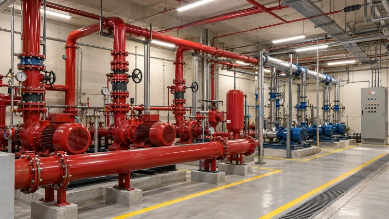 Illustrative render of a pump room with red fire pumps and headers, blue process-water pumps, an air vessel and a control panel