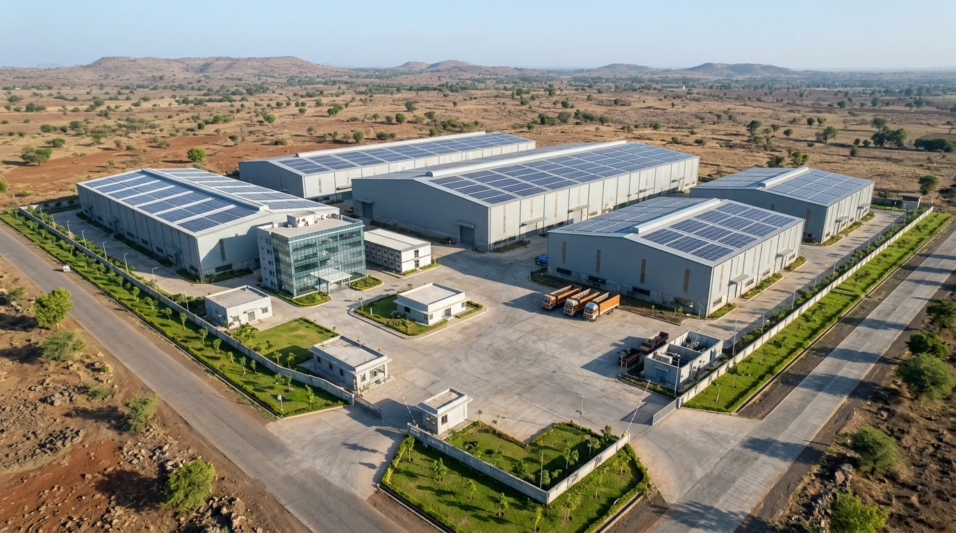 Illustrative aerial render of an industrial campus of large grey sheds with solar panels covering their roofs, a glass-fronted office block, small service buildings, trucks in a concrete yard and green strips along the boundary wall, in dry open country