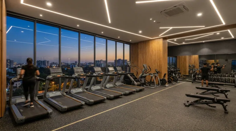 Illustrative image of a gym floor with a row of treadmills beside a window wall at dusk, linear LED lighting and air-conditioning cassettes