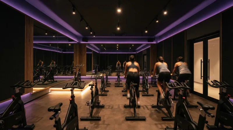 Illustrative image of a spinning studio with indoor cycles, mirrored wall and purple accent lighting