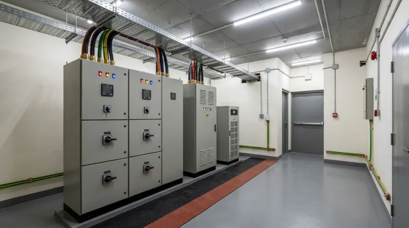 Illustrative image of an electrical room with a main distribution panel, a power-factor panel, a UPS cabinet and cable trays