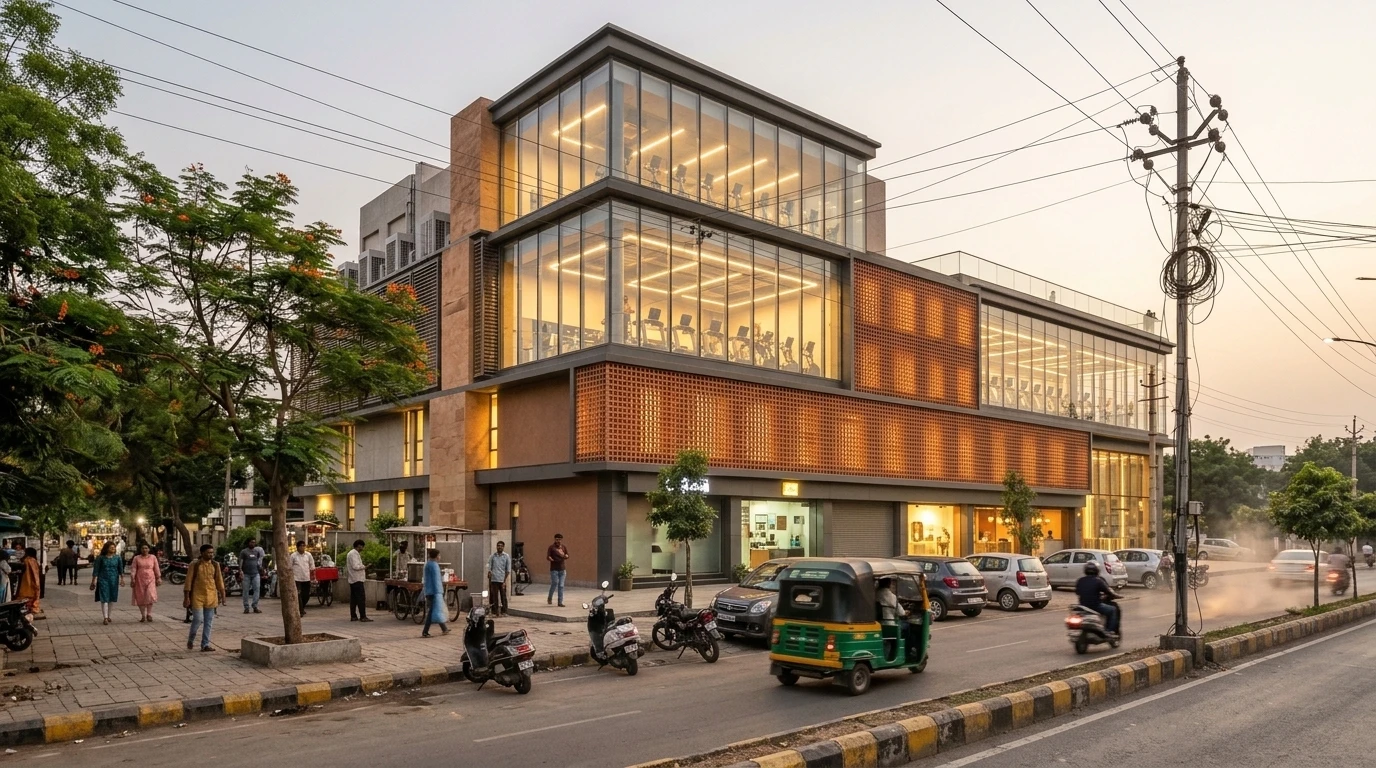 Illustrative image of a modern fitness centre in a mixed-use building at dusk, with glazed gym floors showing treadmills, a lit studio and a busy street in front