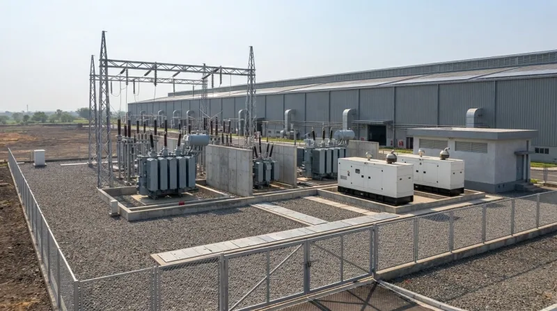 Illustrative image of an outdoor substation yard with grey transformers, a switchyard gantry and two diesel generator enclosures beside a long steel shed