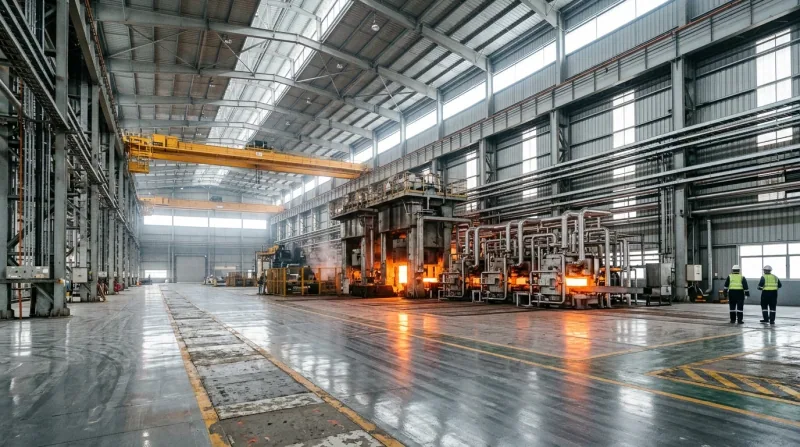 Illustrative image of the inside of a forging shed with a heavy press, induction heaters, an overhead crane and cable trays