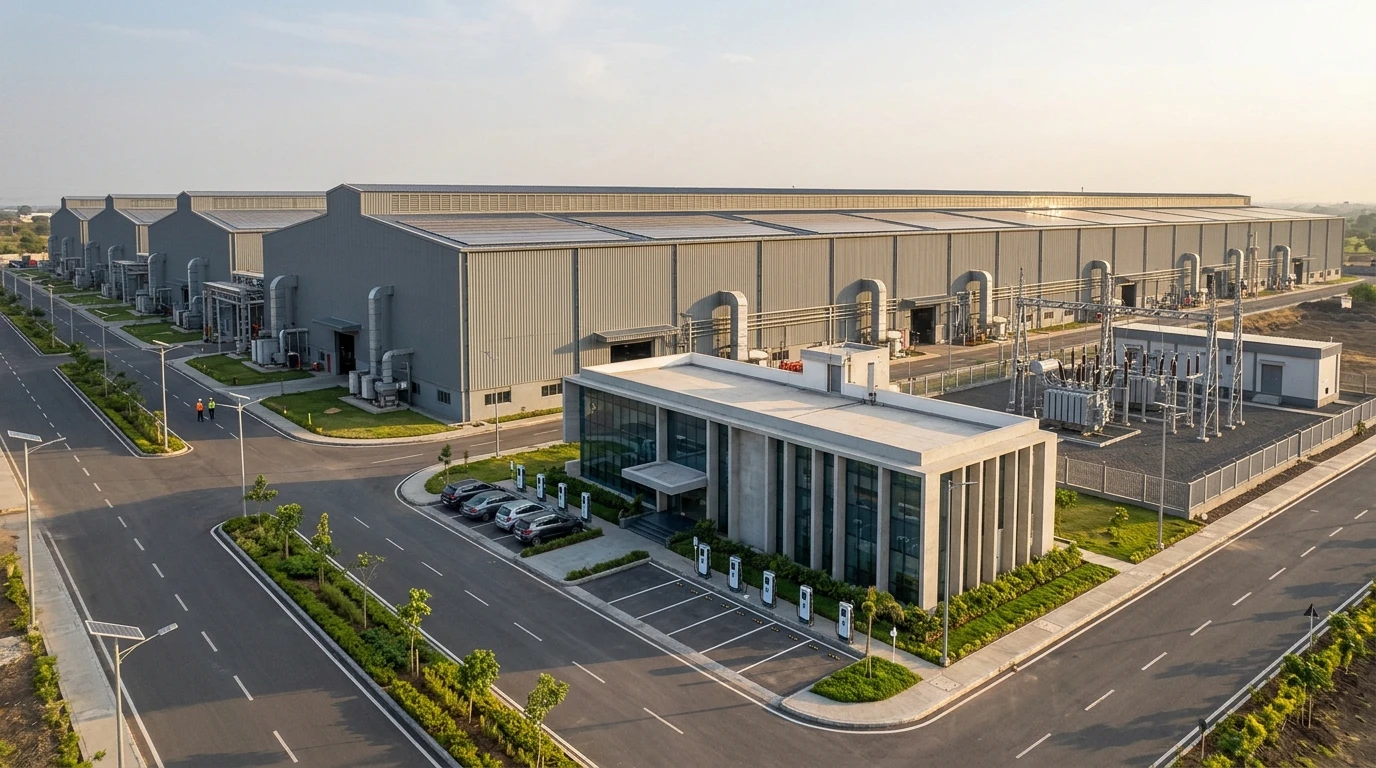 Illustrative aerial image of a large forging plant at golden hour: long grey steel production sheds with solar panels on the roofs, a two-storey administration block with electric-vehicle chargers, and a 33 kV substation yard