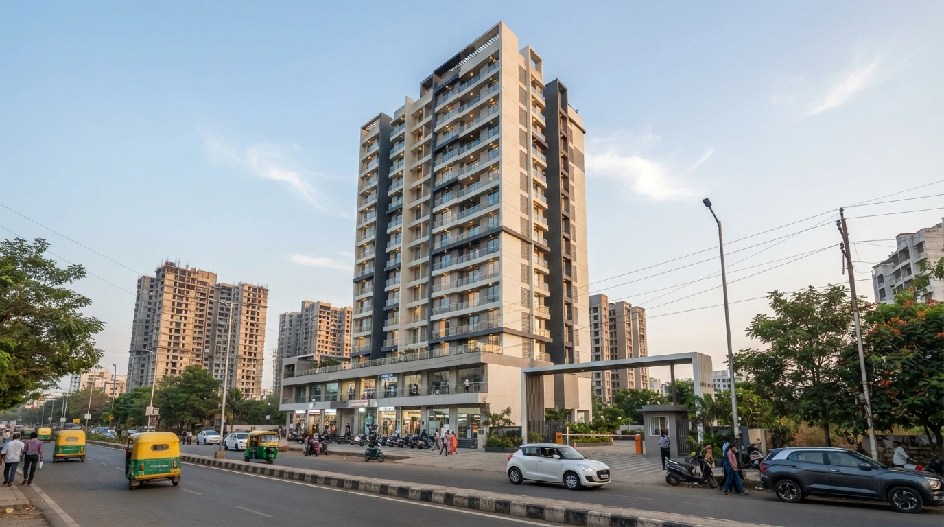 Illustrative render of a slim cream and grey residential tower with balconies above a podium of shops, a gated entrance with a security cabin, autorickshaws and cars on the road in front and other towers under construction behind