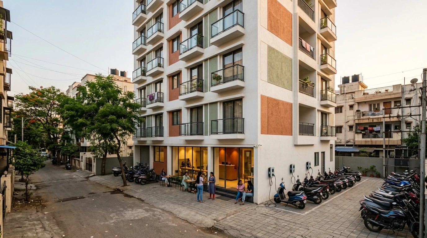Illustrative render of a slim white hostel building with small balconies and coloured panels on a narrow street, a glazed ground-floor café and reception with students outside, and two-wheelers parked beside wall-mounted EV chargers