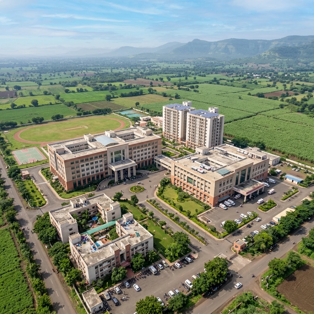 Illustrative aerial render of a college and hospital campus with a college building, a hospital with an ambulance bay, two hostel towers with rooftop solar panels, staff quarters, a running track and playground, parking and tree-lined roads among sugarcane fields, with hills behind