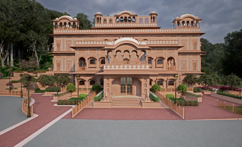 Illustrative render of the front facade with domed pavilions and a landscaped forecourt