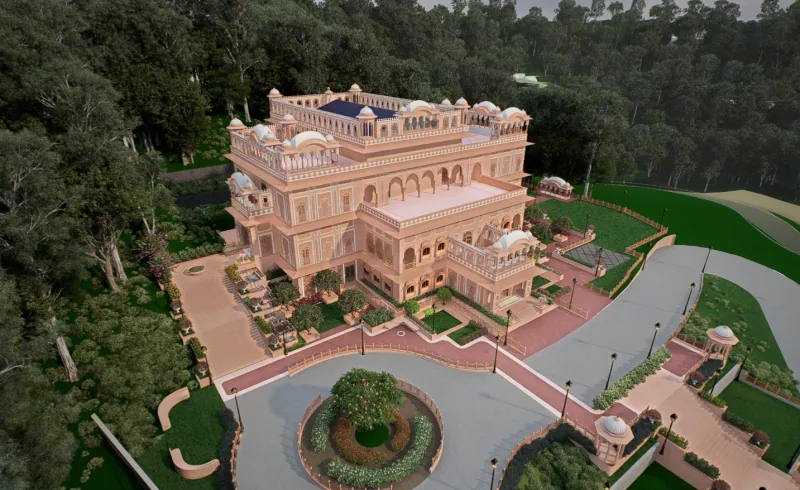 Aerial illustrative render of the building among forest, with a circular driveway and gardens