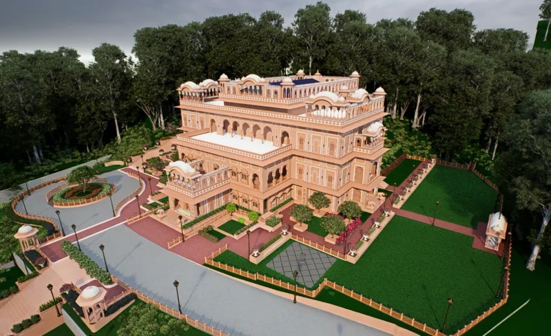Aerial illustrative render from the other side, showing the lawn and the terraced roof