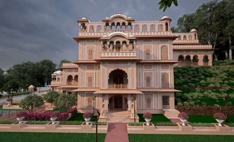 Illustrative render of the front of the building under a stormy sky, with elephant statues at the entrance