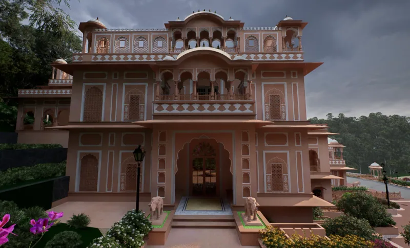 Illustrative render of the entrance porch with a carved arch and stone elephants
