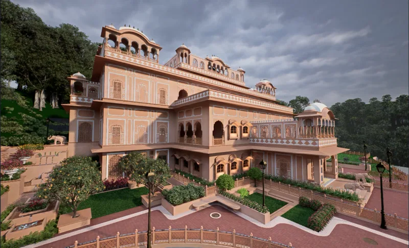 Illustrative render from the hillside garden toward the carved sandstone facade and rooftop pavilions