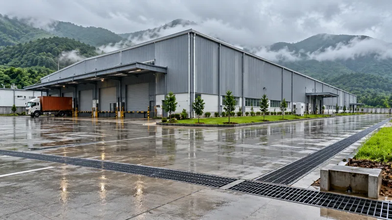 Illustrative render of a grey pre-engineered factory in misty green hills during the monsoon, with rainwater downpipes, a truck at the loading dock and a wet concrete yard crossed by storm water channels with steel gratings