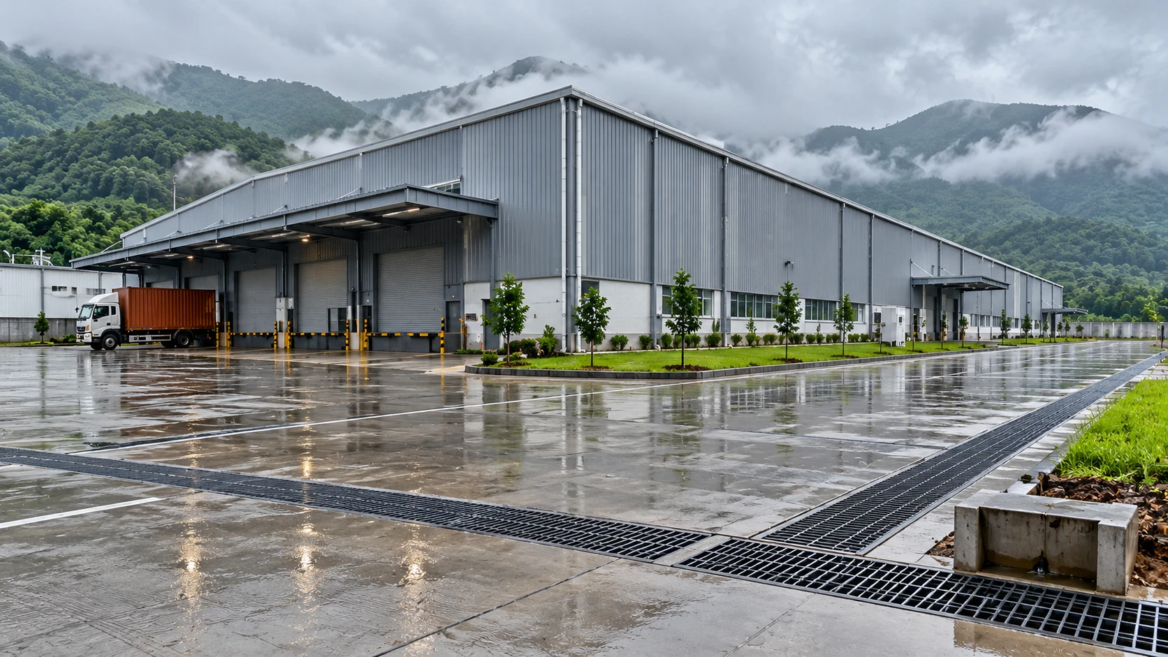 Illustrative render of a grey pre-engineered factory in misty green hills during the monsoon, with rainwater downpipes, a truck at the loading dock and a wet concrete yard crossed by storm water channels with steel gratings