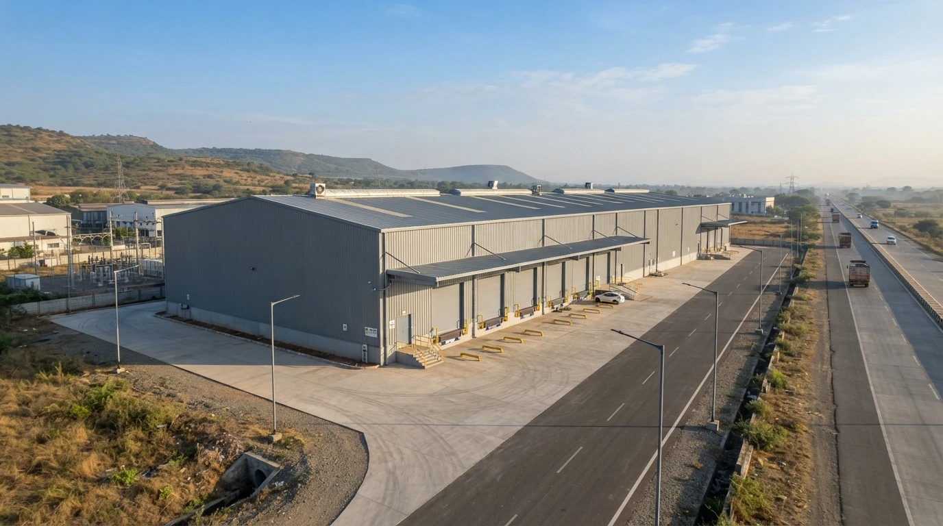 Illustrative aerial render of a large grey steel industrial shed with roof vents, a canopy over a row of loading docks and street lights along a road beside a highway
