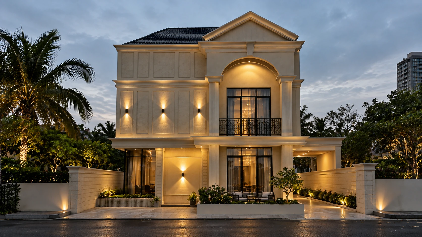 Illustrative image of a cream-coloured two-storey bungalow with a columned entrance, balcony and warm evening lighting