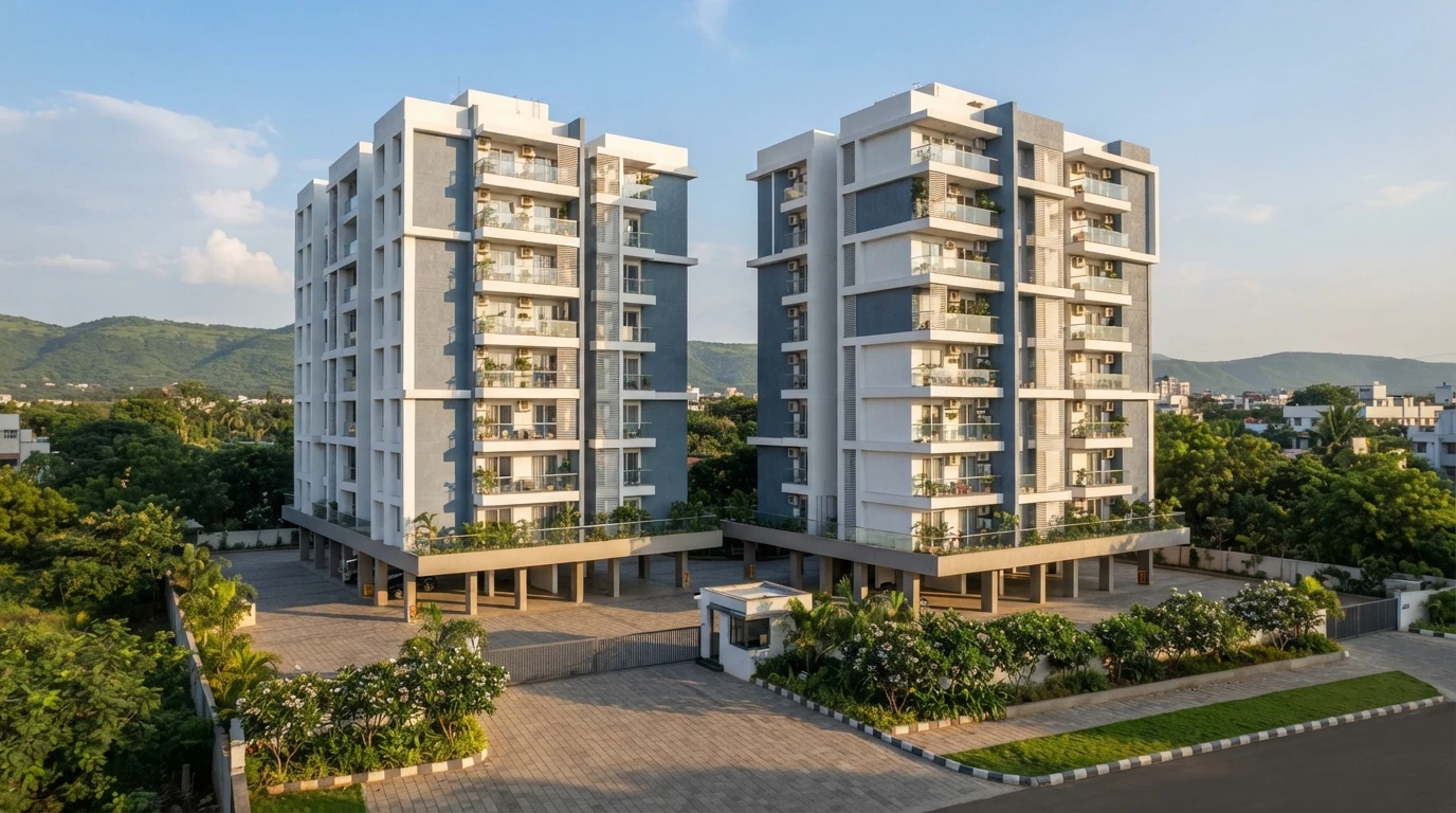 Illustrative render of two residential apartment buildings with balconies over open stilt parking, a gated entrance with a security cabin and landscaped edges, with green hills behind