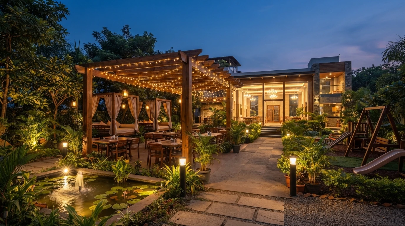 Illustrative dusk render of a garden restaurant with a lit pergola over tables, curtained cabanas, a lily pond with a fountain, a children's play area and a glass-fronted hall