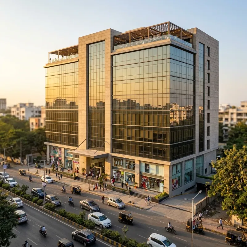 Illustrative render at golden hour of a glass-and-stone commercial building with shopfronts on the ground floor, a rooftop pergola restaurant, an entrance canopy and a busy road with cars and auto-rickshaws in front