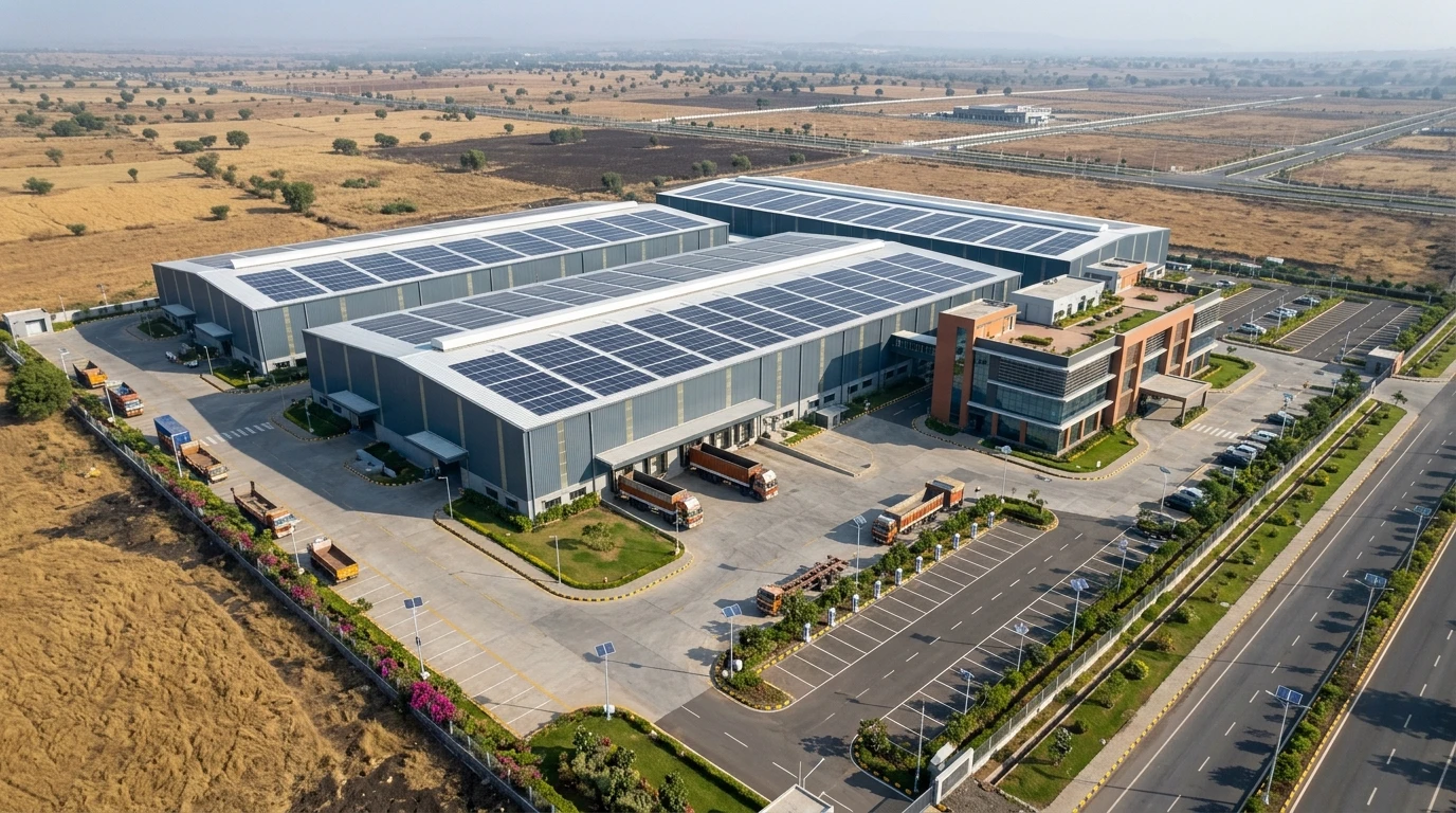 Illustrative aerial render of a factory campus with three large grey sheds covered in rooftop solar panels, an administration block, trucks at the loading bays, a car park with solar street lights and a wide road beside dry plateau farmland