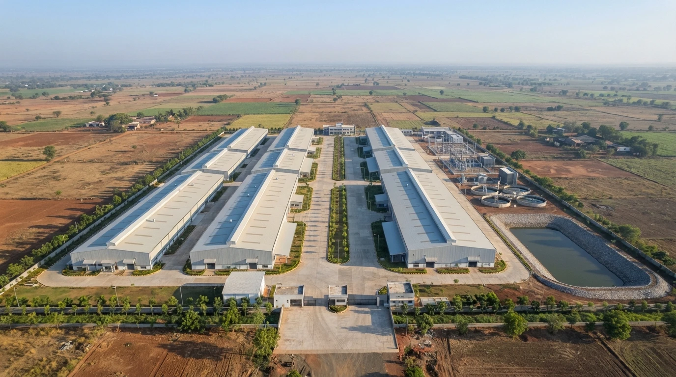 Illustrative aerial render of a manufacturing campus of long light-grey sheds with lean-to sheds along their sides, set either side of a wide central road with a planted median, with a substation, treatment tanks and a lined rainwater pond in the service area, among open farmland