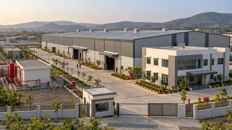 Illustrative render of a large industrial shed and a two-storey office building at Chakan, with a fire pump house and tank, hydrants, a gated entrance and a security cabin, and green hills behind