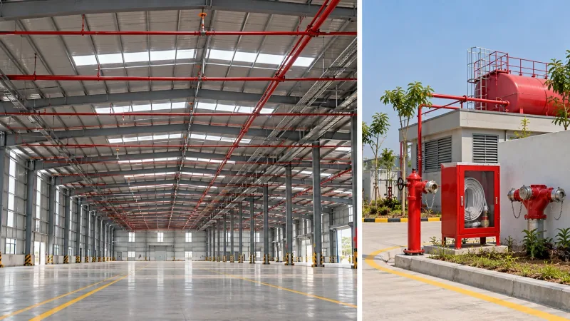 Two illustrative renders side by side: the inside of the shed with red sprinkler pipes along the roof trusses, and outside, a red hydrant, a glass-fronted hose box, a fire-brigade inlet and a pump house with a fire tank