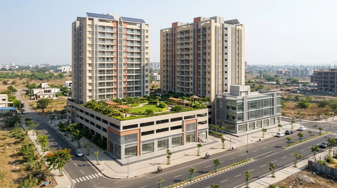 Illustrative render of two residential towers with rooftop solar panels rising from a parking podium topped by a landscaped garden, with a glass-fronted commercial block at the corner of a new road