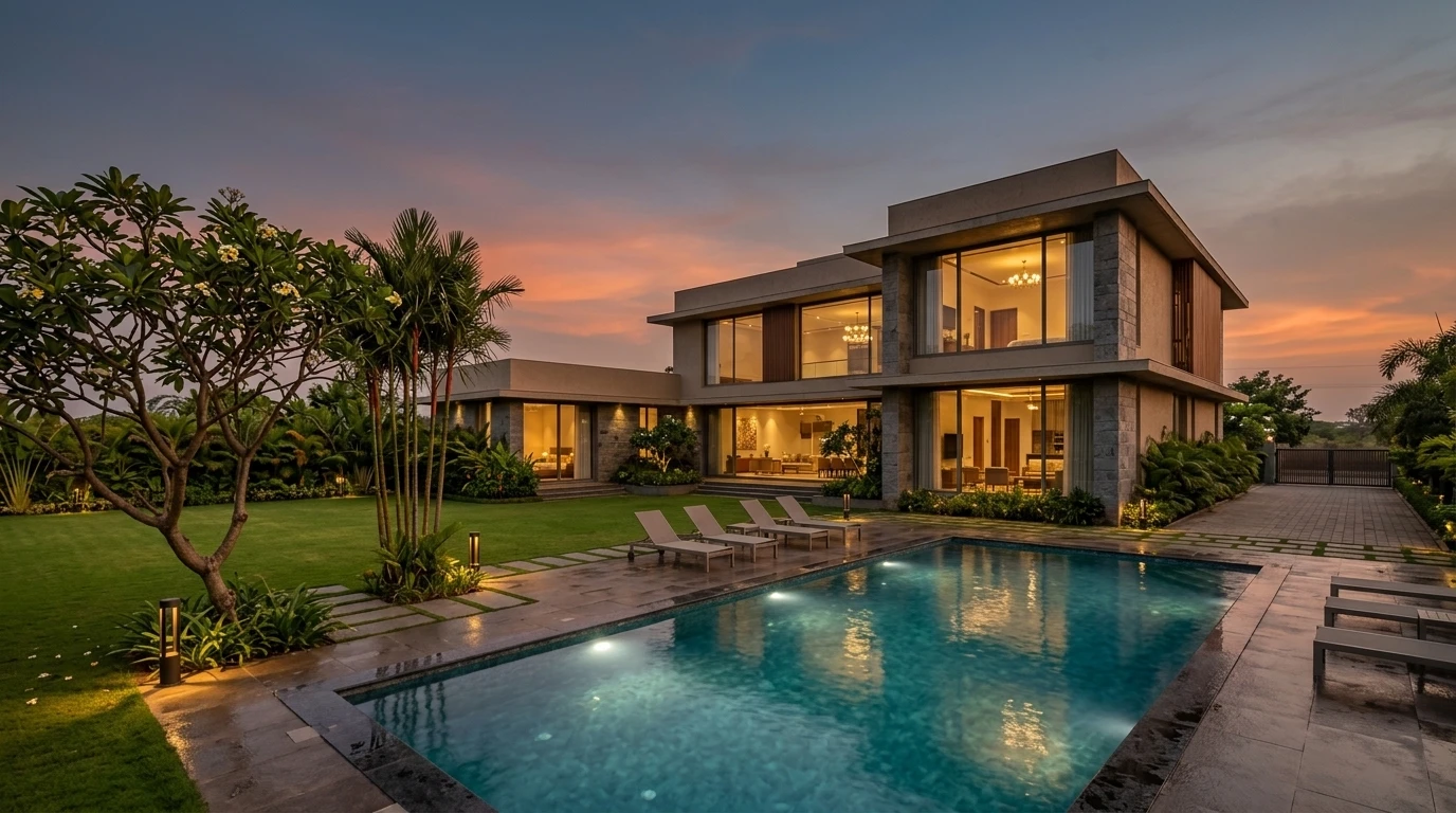 Illustrative render of a two-storey modern bungalow at dusk with glazed living rooms lit from inside, a swimming pool with underwater lights and loungers, a lawn with bollard lights and tropical planting