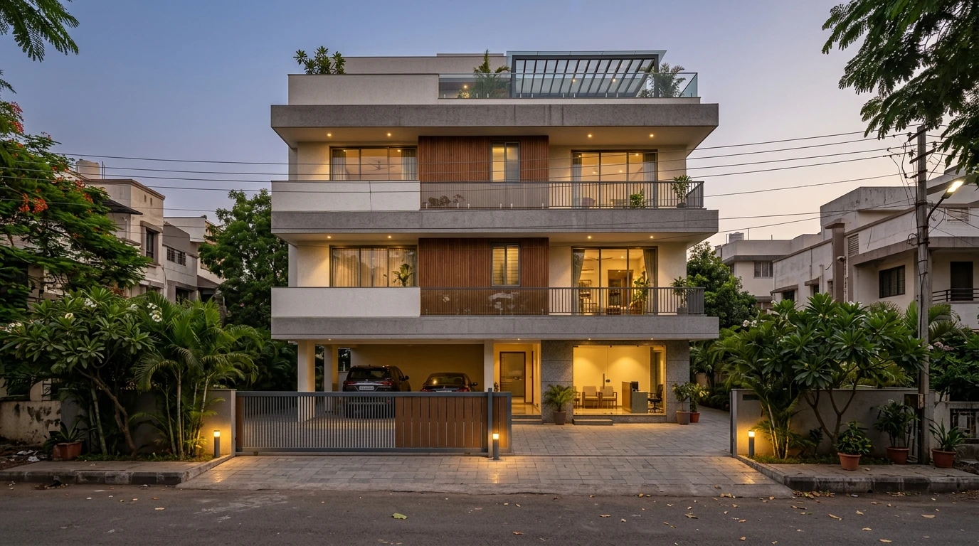Illustrative dusk view of a four-storey modern bungalow with covered parking and a lit glass lobby on the ground floor, balconies with timber panels above, a terrace pergola, a sliding gate with bollard lights and frangipani trees on a quiet residential street