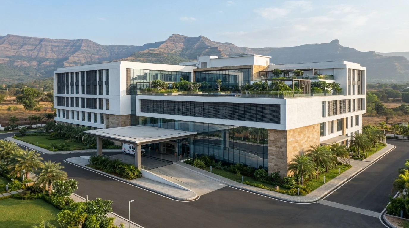 Illustrative render of a modern white and glass hospital building with a covered entrance porch and ambulance, landscaped grounds and a rooftop terrace garden, with flat-topped hills behind